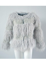 New Grey Draped Long Sleeve Faux Fur Fashion Coat