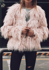 New Pink Draped Long Sleeve Faux Fur Fashion Coat