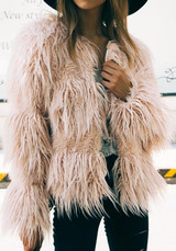 New Pink Draped Long Sleeve Faux Fur Fashion Coat