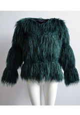 New Green Draped Long Sleeve Faux Fur Fashion Coat