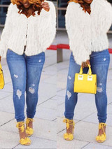New White Tassel Long Sleeve Fuzzy Fur Teddy Casual Outerwear