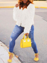 New White Tassel Long Sleeve Fuzzy Fur Teddy Casual Outerwear