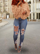 New Light Red Tassel Long Sleeve Fuzzy Fur Teddy Casual Outerwear