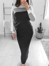 New Grey Patchwork Print Round Neck Long Sleeve Fashion Midi Dress