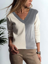 New Grey Patchwork Print V-neck Long Sleeve Fashion T-Shirt