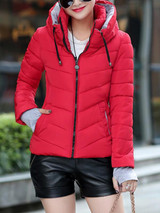 New Red Pockets Drawstring Zipper Hooded Long Sleeve Casual Coat