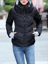 New Black Pockets Drawstring Zipper Hooded Long Sleeve Casual Coat