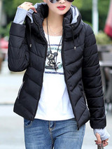 New Black Pockets Drawstring Zipper Hooded Long Sleeve Casual Coat