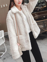 New White Fur Pockets Single Breasted Turndown Collar Long Sleeve Casual Coat