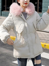 New Beige Patchwork Fur Pockets Drawstring Single Breasted Hooded Long Sleeve Casual Coat