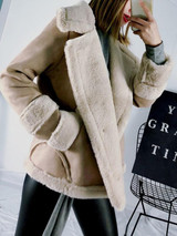 New Khaki Patchwork Fur Pockets Double Breasted Turndown Collar Long Sleeve Casual Coat