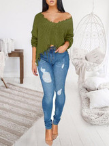 New Army Green Patchwork Tassel Irregular One-shoulder Unique Cut Up Oversized Casual Pullover Sweater