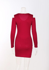 New Red Cut Out V-neck Long Sleeve Bodycon Mini Dress