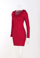 New Red Cut Out V-neck Long Sleeve Bodycon Mini Dress