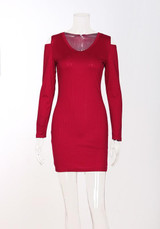 New Red Cut Out V-neck Long Sleeve Bodycon Mini Dress