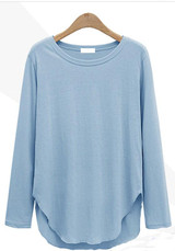New Blue Irregular Round Neck Long Sleeve Loose T-Shirt