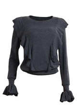 New Grey Plain Cascading Ruffle Round Neck Long Sleeve Casual T-Shirt