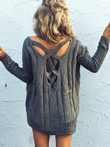 New Grey Cut Out Backless V-neck Fashion Pullover Sweater New Grey Cut Out Backless V-neck Fashion Pullover Sweater