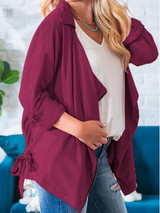 New Red Drawstring Zipper Turndown Collar Long Sleeve Casual Outerwear