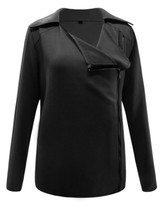New Black Drawstring Zipper Turndown Collar Long Sleeve Casual Outerwear