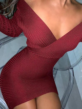 New Red bodycon V-neck Long Sleeve Going out Mini Dress