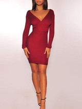 New Red bodycon V-neck Long Sleeve Going out Mini Dress