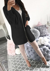 New Black Pockets V-neck Long Sleeve Sweet Cardigan Sweater