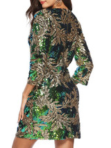 New Green Sequin Round Neck Long Sleeve Going out Mini Dress