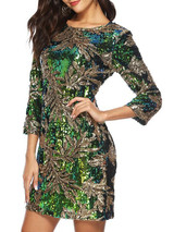 New Green Sequin Round Neck Long Sleeve Going out Mini Dress