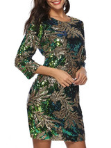 New Green Sequin Round Neck Long Sleeve Going out Mini Dress