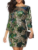 New Green Sequin Round Neck Long Sleeve Going out Mini Dress