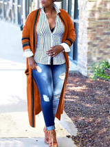 New Orange-Black Striped Pockets Long Sleeve Casual Cardigan Sweater
