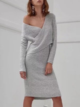 New Grey Irregular V-neck Long Sleeve Casual Midi Dress