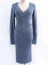 New Blue Irregular V-neck Long Sleeve Casual Midi Dress