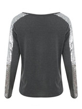 New Grey Patchwork Sequin V-neck Long Sleeve Fashion T-Shirt