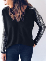 New Black Patchwork Sequin V-neck Long Sleeve Fashion T-Shirt