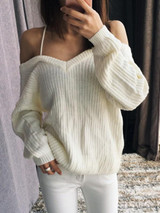 New White Cross Back V-neck Long Sleeve Going out Pullover Sweater