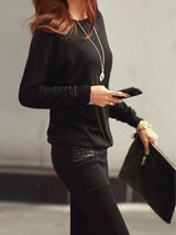 New Black Patchwork Sequin Round Neck Long Sleeve Fashion Mini Dress