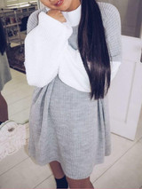 New Grey Color Block Cut Out Draped Round Neck Long Sleeve Casual Mini Dress