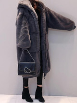 New Dark Grey Fur Pockets Zipper Hooded Long Sleeve Casual Coat
