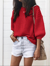 New Red Patchwork Round Neck Long Sleeve Casual Pullover Sweater