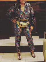 Black Patchwork Sequin Zipper Long Sleeve Two Piece Sparkly High Waisted Party Long Jumpsuit