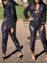 Black Patchwork Sequin Zipper Long Sleeve Two Piece Sparkly High Waisted Party Long Jumpsuit
