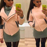 New Pink Patchwork Pockets Turndown Collar Long Sleeve Zipper Casual Coat
