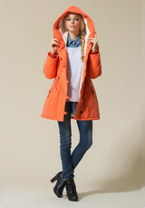 New Orange Plain Buttons Pockets Drawstring Hooded Casual Coat