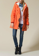New Orange Plain Buttons Pockets Drawstring Hooded Casual Coat