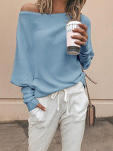 New Sky Blue Off Shoulder Long Sleeve Casual Pullover Sweater