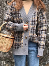 New Grey Plaid V-neck Long Sleeve Casual Cardigan Sweater