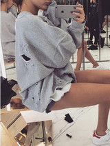 New Grey Ripped Round Neck Long Sleeve Casual Sweatshirt
