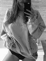 New Grey Ripped Round Neck Long Sleeve Casual Sweatshirt